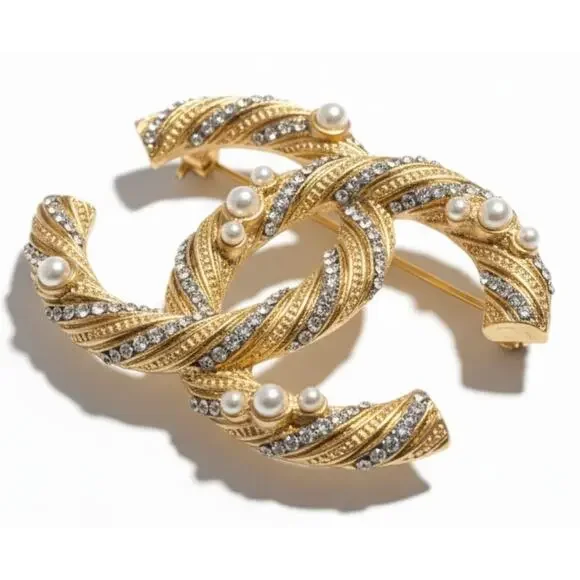CHANEL Brushed Gold Twisted Crystal and Pearl Brooch 23A (CCXX009) - Picture 3 of 8